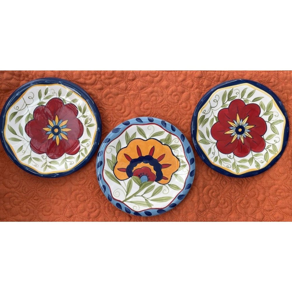 PIER 1 "Floral" Salad Dessert PLATES 8.25" Floral Center w/ Blue Border SET of 3